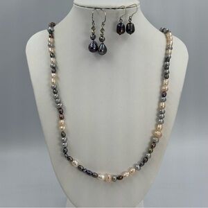Multicolored Baroque Pearl Necklace with 2 Pairs of Pearl Earrings Peacock 925